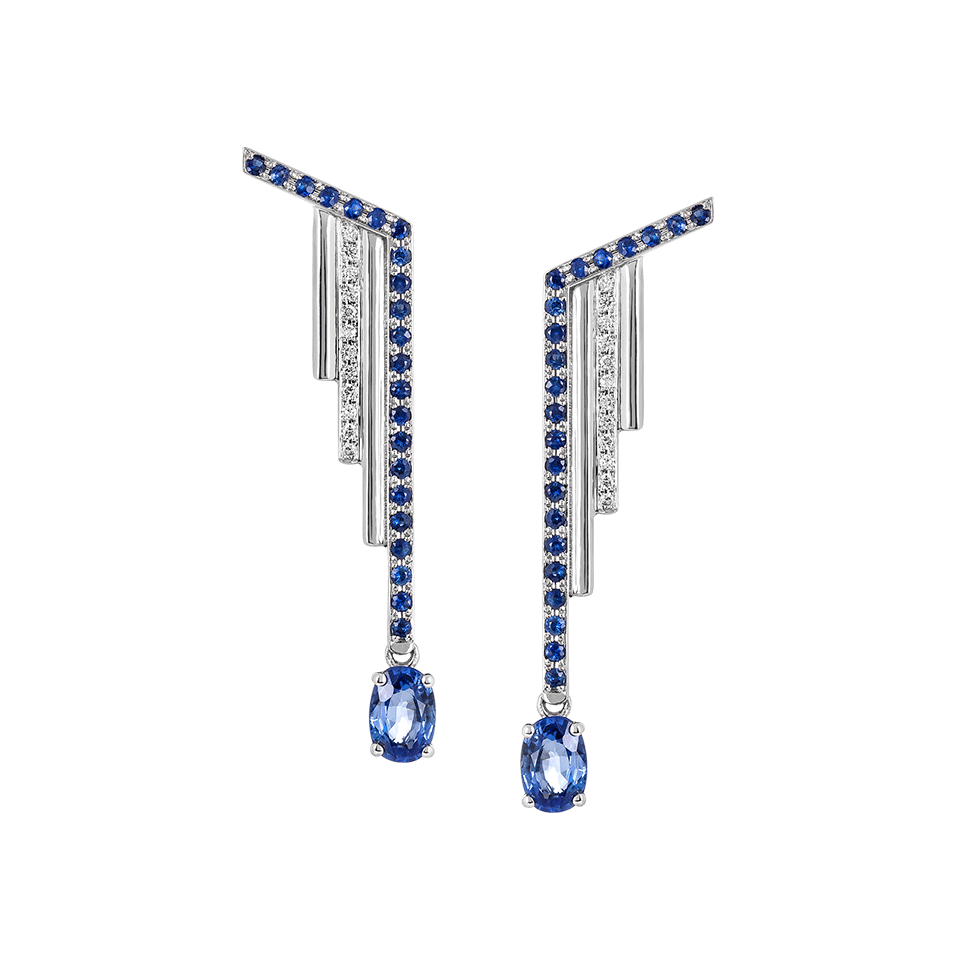 Brincos Fringes Ouro Branco Safiras Diamantes