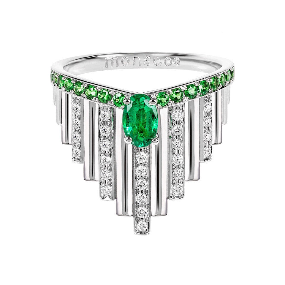 Anel Fringes Ouro Branco Esmeralda Diamantes
