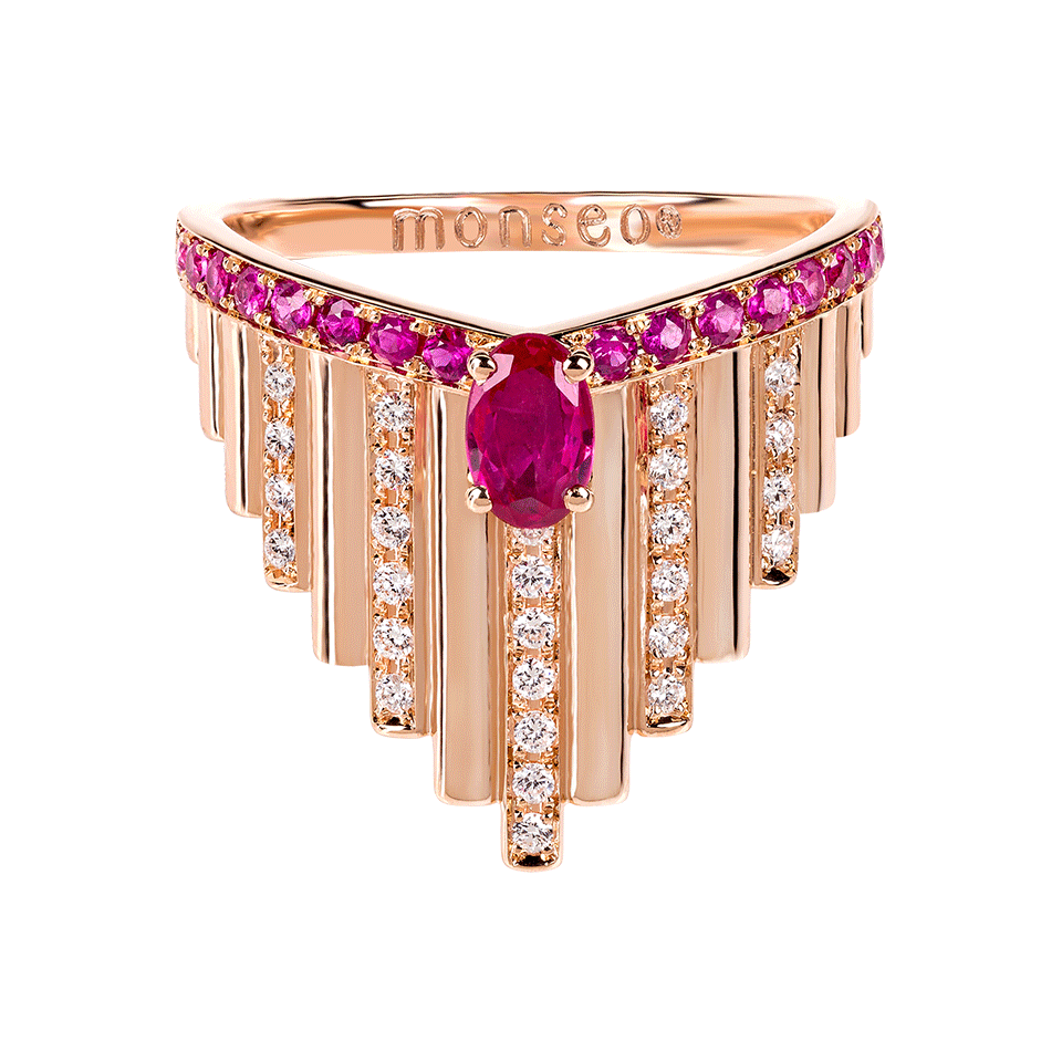Anel Fringes Ouro Rosa Rubi Diamantes
