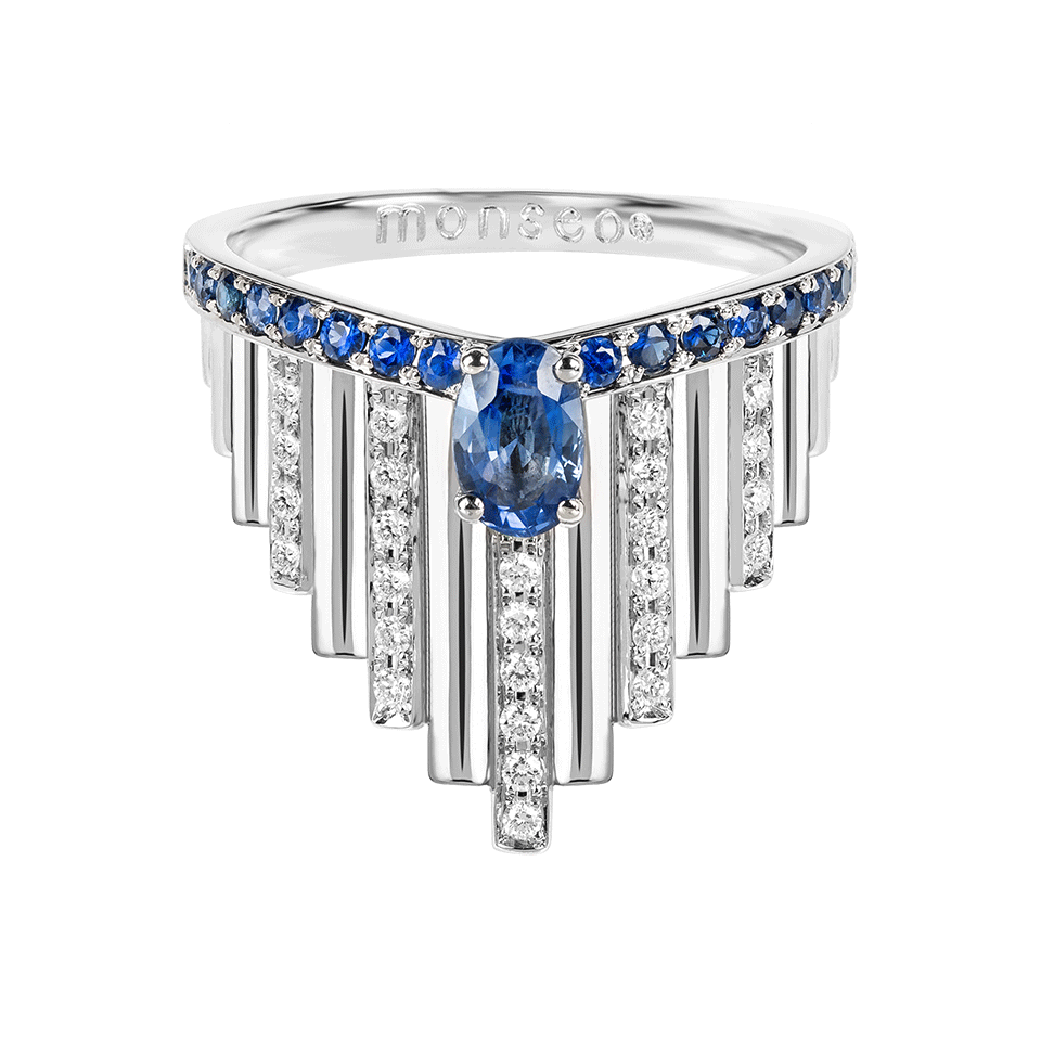 Anel Fringes Ouro Branco Safira Diamantes