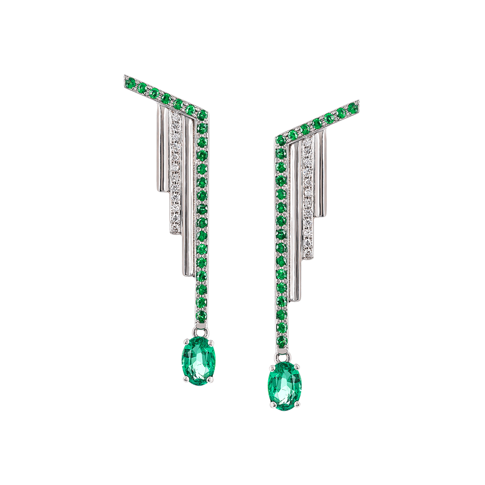 Brincos Fringes Ouro Branco Esmeralda Diamantes