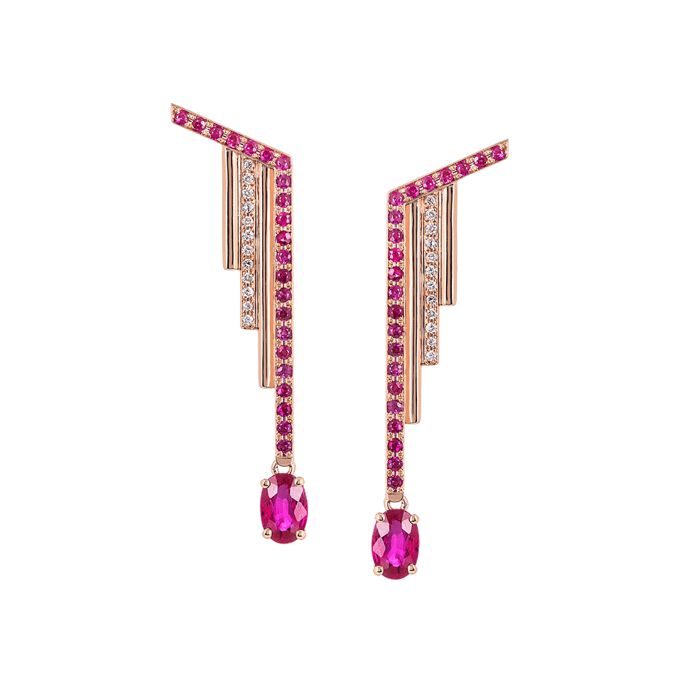 Brincos Fringes Ouro Rosa Rubis Diamantes